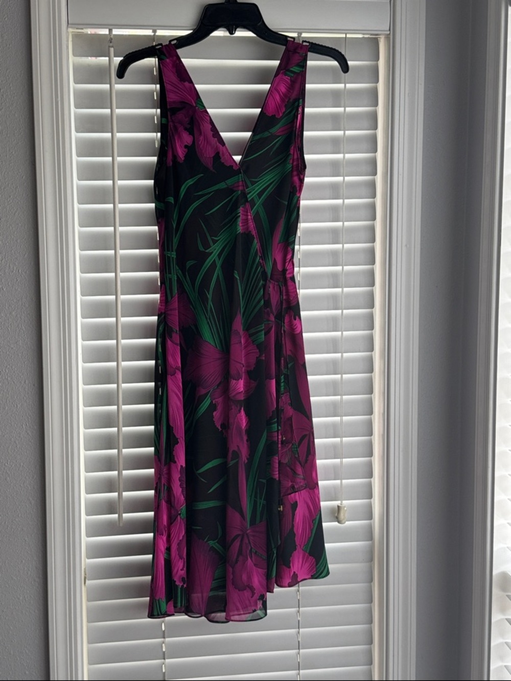 Michael Kors Sleeveless V-Neck Floral Midi Dress in Magenta and Green on Black